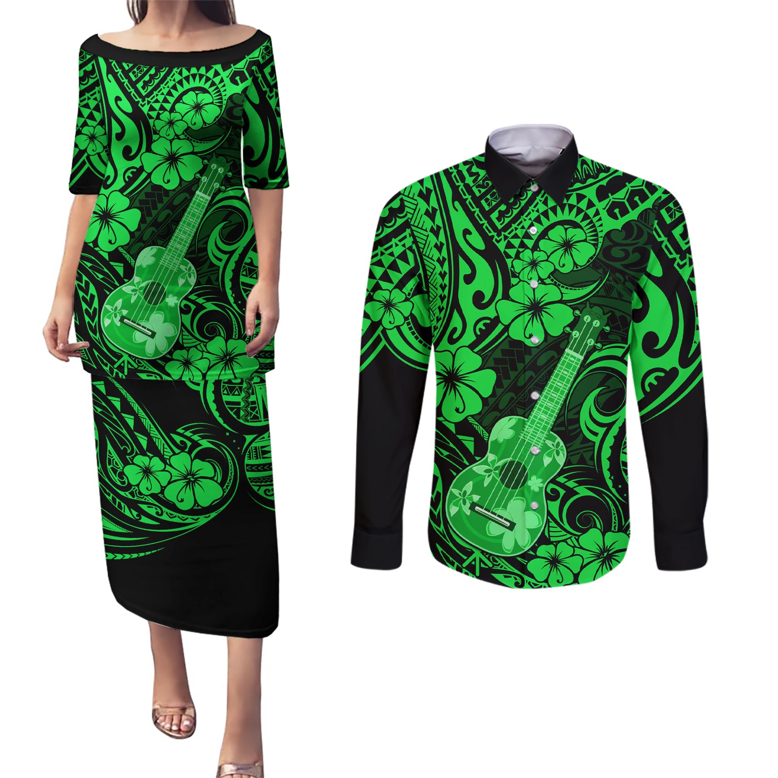 Hawaii Ukulele Couples Matching Puletasi Dress and Long Sleeve Button Shirts Polynesian Pattern Green Version - Wonder Print Shop