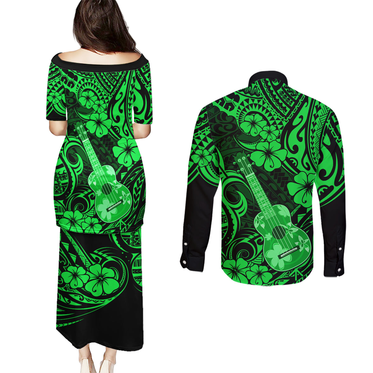Hawaii Ukulele Couples Matching Puletasi Dress and Long Sleeve Button Shirts Polynesian Pattern Green Version - Wonder Print Shop
