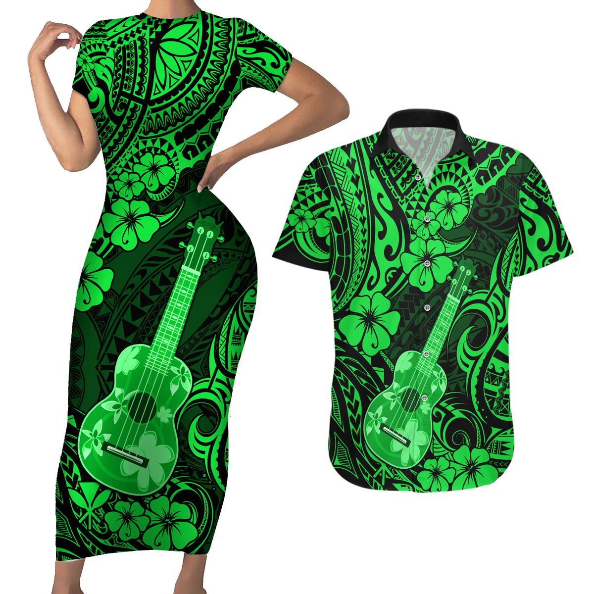Hawaii Ukulele Couples Matching Short Sleeve Bodycon Dress and Hawaiian Shirt Polynesian Pattern Green Version - Wonder Print Shop
