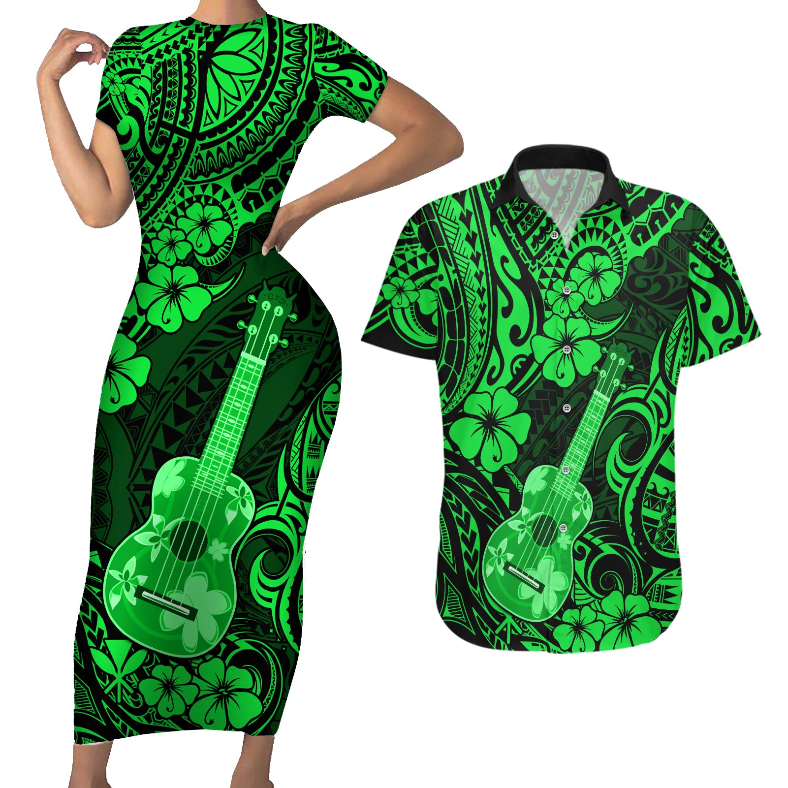 Hawaii Ukulele Couples Matching Short Sleeve Bodycon Dress and Hawaiian Shirt Polynesian Pattern Green Version - Wonder Print Shop