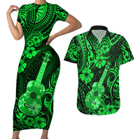 Hawaii Ukulele Couples Matching Short Sleeve Bodycon Dress and Hawaiian Shirt Polynesian Pattern Green Version - Wonder Print Shop