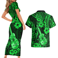 Hawaii Ukulele Couples Matching Short Sleeve Bodycon Dress and Hawaiian Shirt Polynesian Pattern Green Version - Wonder Print Shop