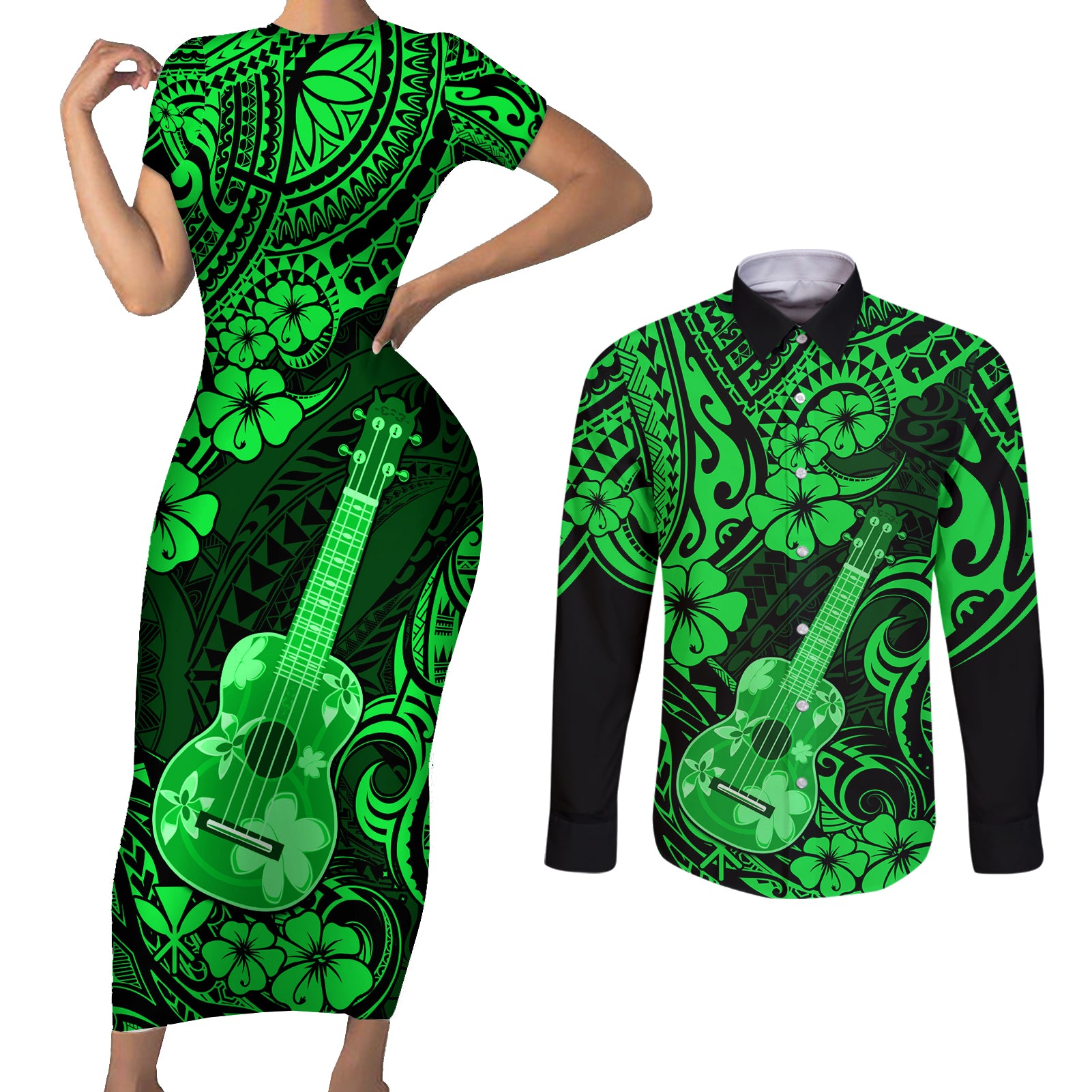 Hawaii Ukulele Couples Matching Short Sleeve Bodycon Dress and Long Sleeve Button Shirts Polynesian Pattern Green Version - Wonder Print Shop