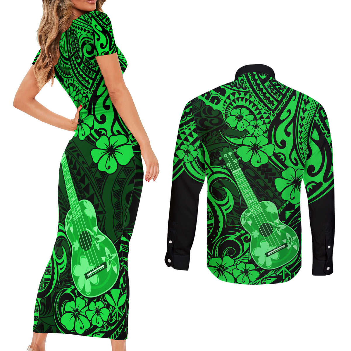 Hawaii Ukulele Couples Matching Short Sleeve Bodycon Dress and Long Sleeve Button Shirts Polynesian Pattern Green Version - Wonder Print Shop