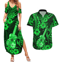 Hawaii Ukulele Couples Matching Summer Maxi Dress and Hawaiian Shirt Polynesian Pattern Green Version - Wonder Print Shop
