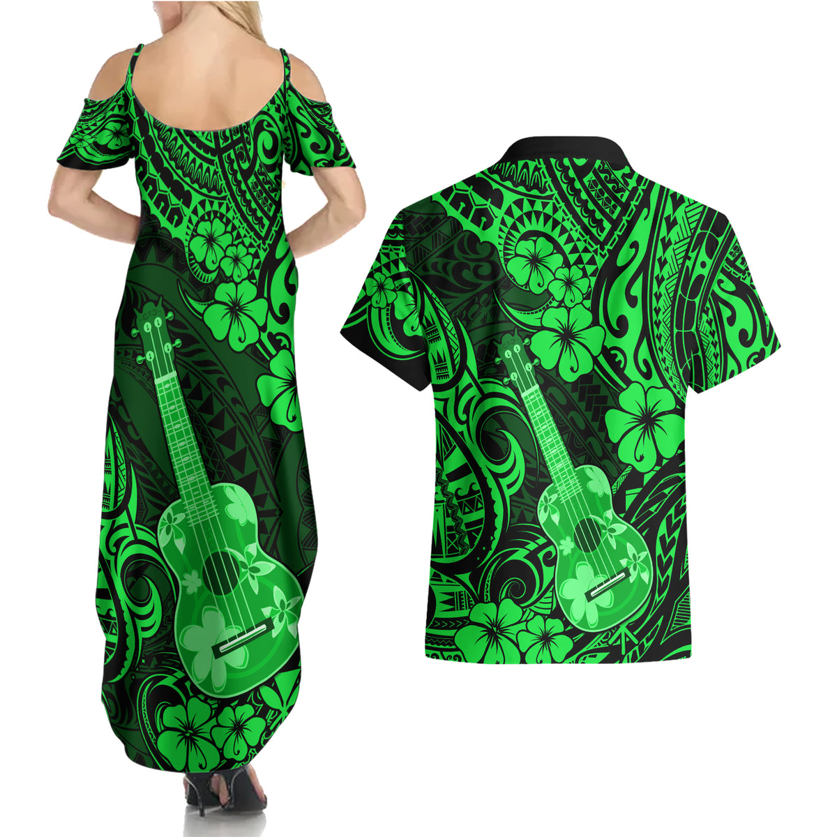 Hawaii Ukulele Couples Matching Summer Maxi Dress and Hawaiian Shirt Polynesian Pattern Green Version - Wonder Print Shop