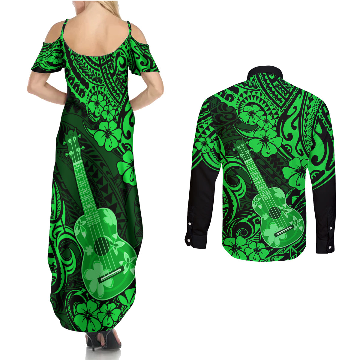 Hawaii Ukulele Couples Matching Summer Maxi Dress and Long Sleeve Button Shirts Polynesian Pattern Green Version - Wonder Print Shop