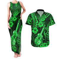 Hawaii Ukulele Couples Matching Tank Maxi Dress and Hawaiian Shirt Polynesian Pattern Green Version - Wonder Print Shop