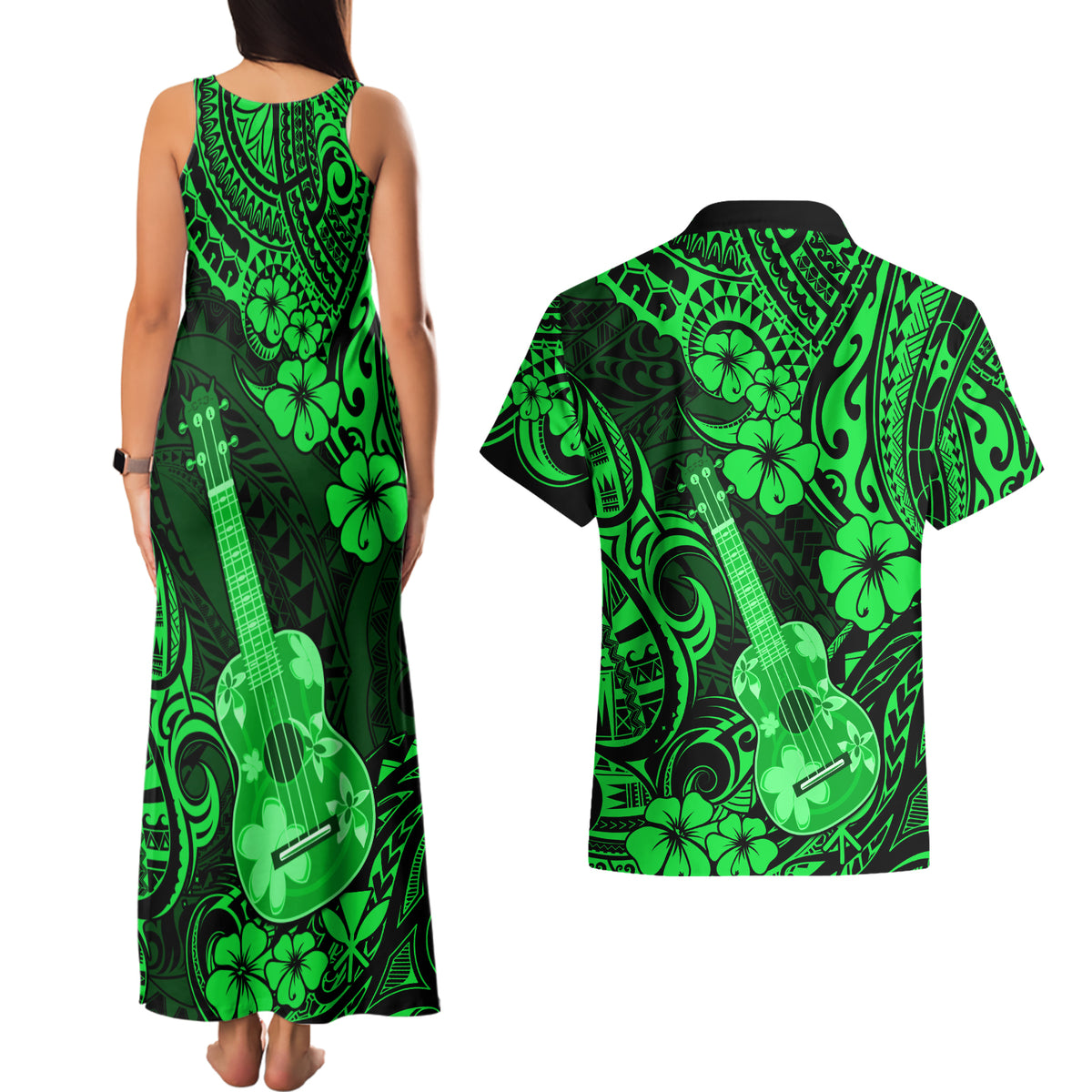 Hawaii Ukulele Couples Matching Tank Maxi Dress and Hawaiian Shirt Polynesian Pattern Green Version - Wonder Print Shop
