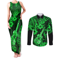 Hawaii Ukulele Couples Matching Tank Maxi Dress and Long Sleeve Button Shirts Polynesian Pattern Green Version - Wonder Print Shop
