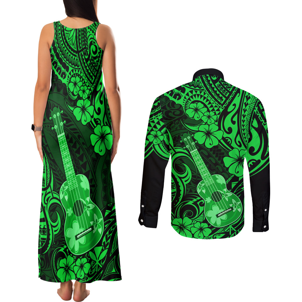 Hawaii Ukulele Couples Matching Tank Maxi Dress and Long Sleeve Button Shirts Polynesian Pattern Green Version - Wonder Print Shop