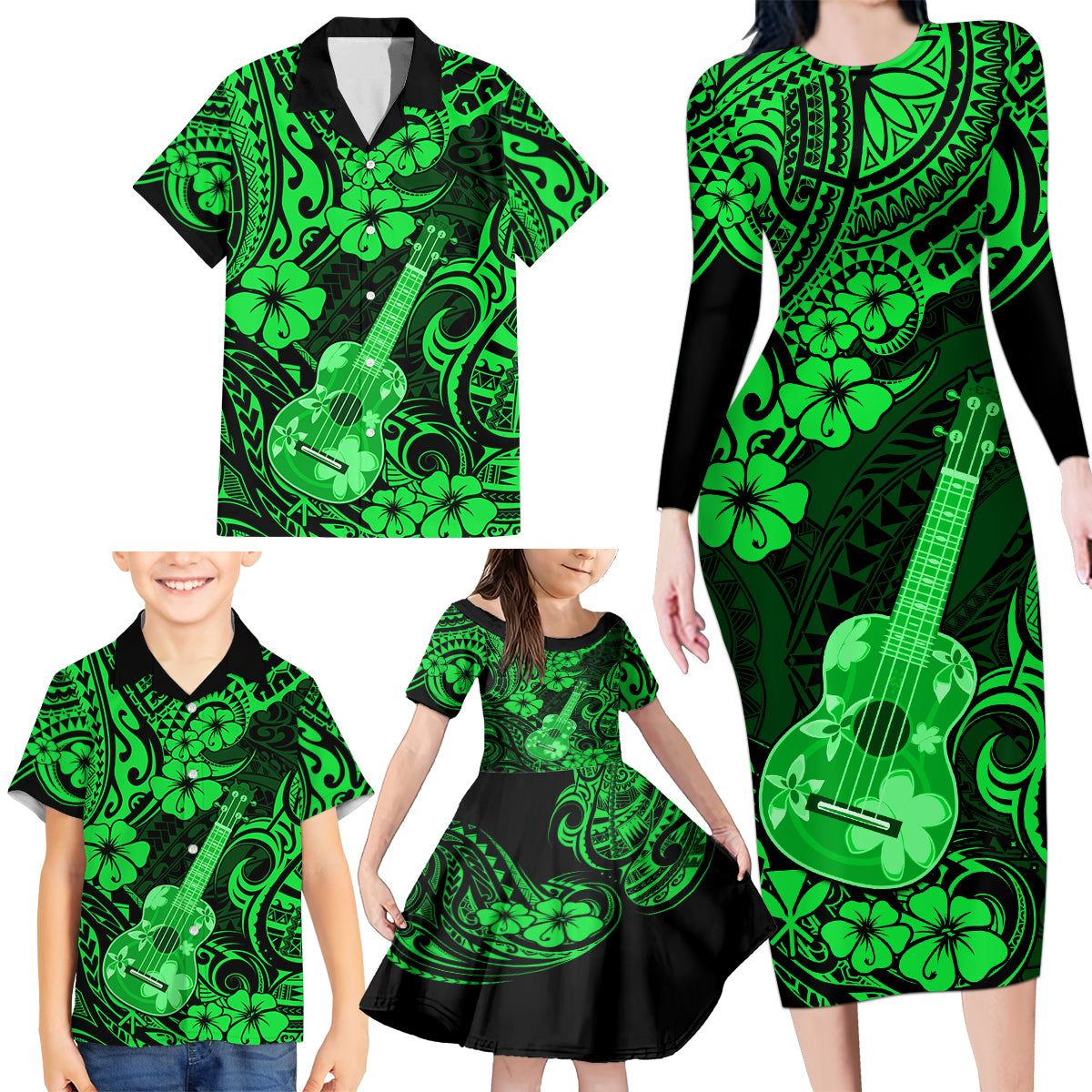 Hawaii Ukulele Family Matching Long Sleeve Bodycon Dress and Hawaiian Shirt Polynesian Pattern Green Version - Wonder Print Shop