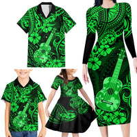 Hawaii Ukulele Family Matching Long Sleeve Bodycon Dress and Hawaiian Shirt Polynesian Pattern Green Version - Wonder Print Shop