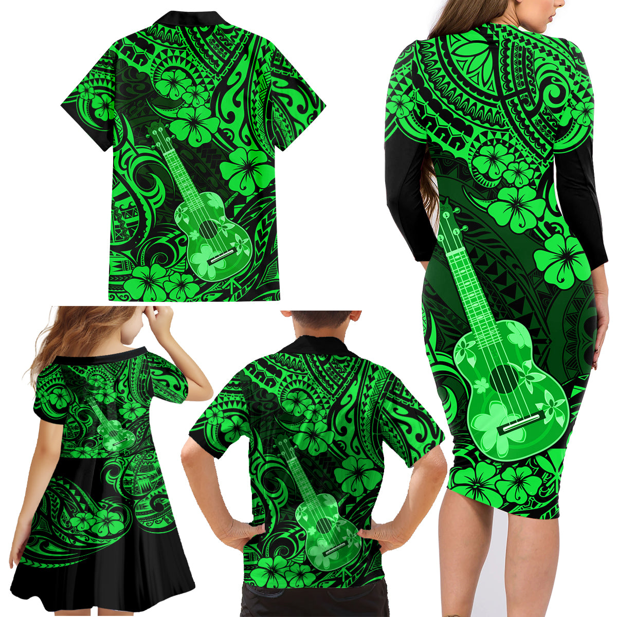 Hawaii Ukulele Family Matching Long Sleeve Bodycon Dress and Hawaiian Shirt Polynesian Pattern Green Version - Wonder Print Shop