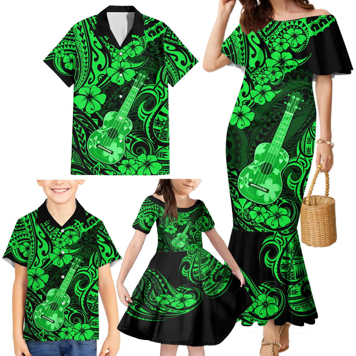 Hawaii Ukulele Family Matching Mermaid Dress and Hawaiian Shirt Polynesian Pattern Green Version - Wonder Print Shop