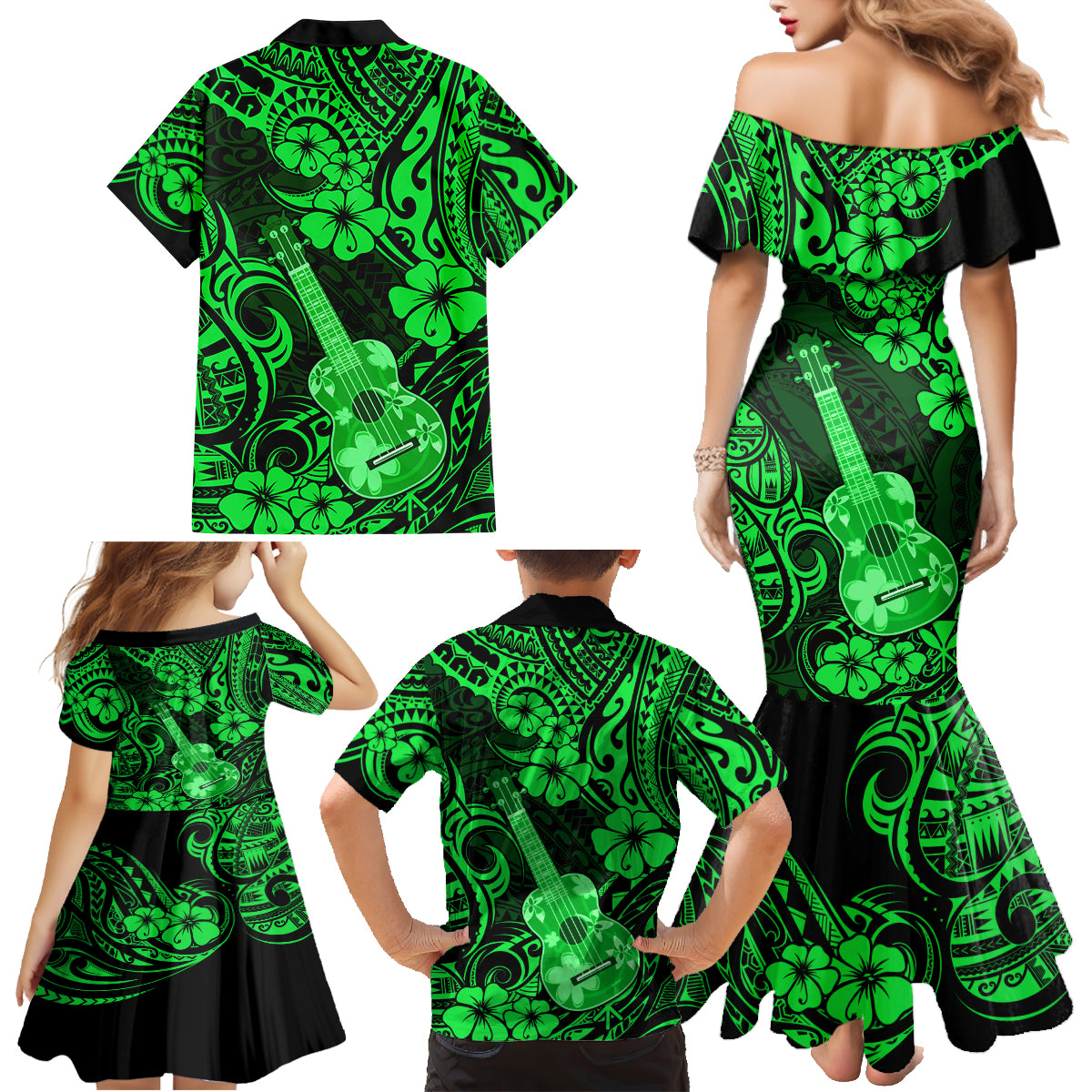 Hawaii Ukulele Family Matching Mermaid Dress and Hawaiian Shirt Polynesian Pattern Green Version - Wonder Print Shop