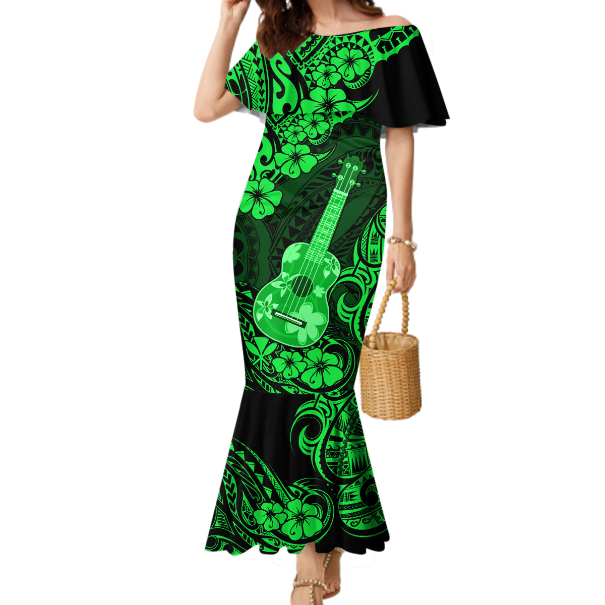 Hawaii Ukulele Family Matching Mermaid Dress and Hawaiian Shirt Polynesian Pattern Green Version - Wonder Print Shop