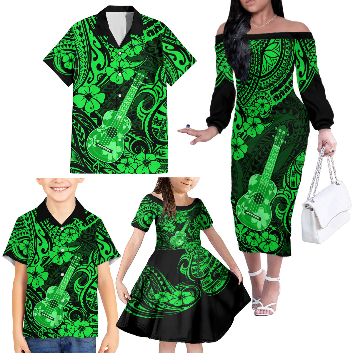 Hawaii Ukulele Family Matching Off Shoulder Long Sleeve Dress and Hawaiian Shirt Polynesian Pattern Green Version - Wonder Print Shop
