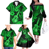 Hawaii Ukulele Family Matching Off Shoulder Long Sleeve Dress and Hawaiian Shirt Polynesian Pattern Green Version - Wonder Print Shop