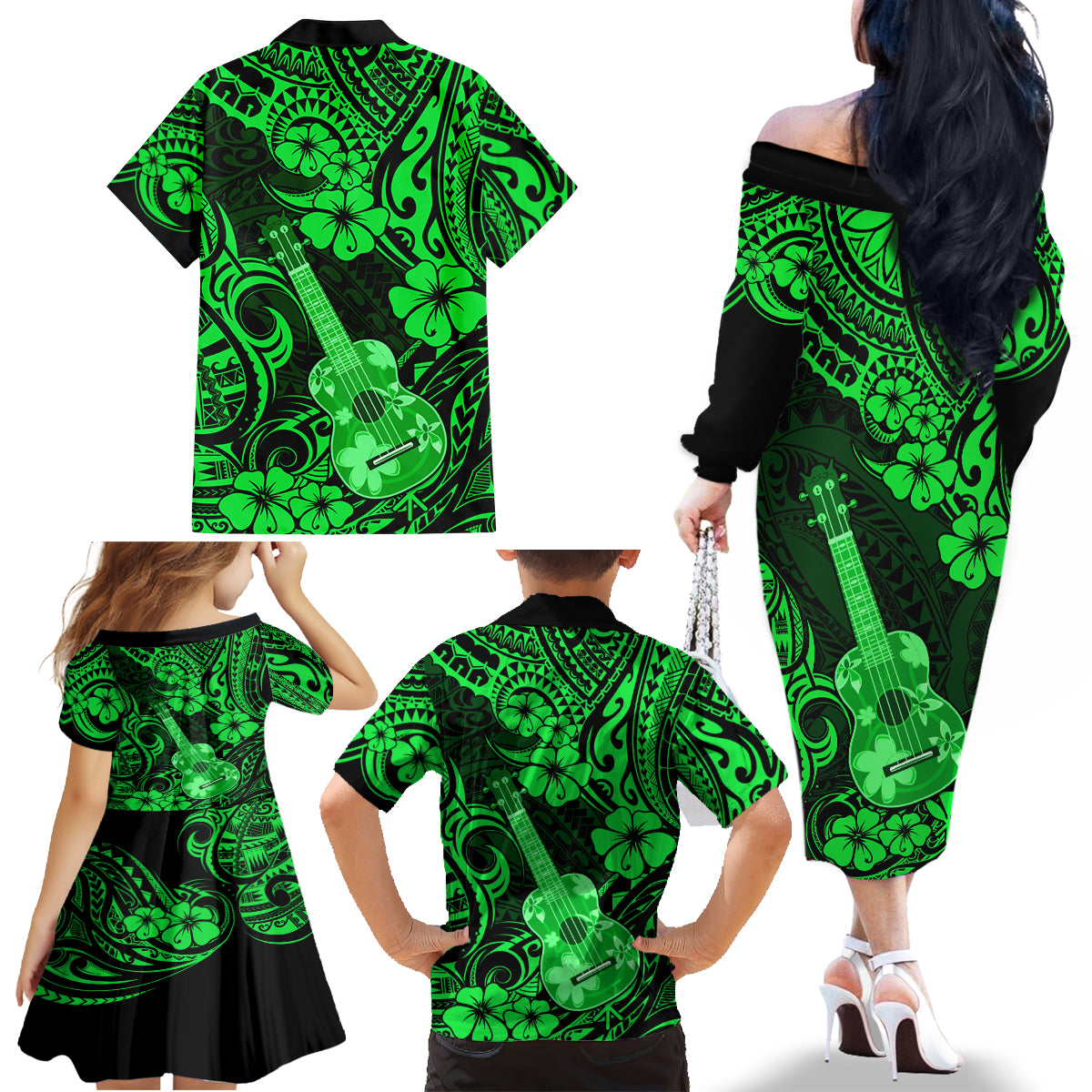 Hawaii Ukulele Family Matching Off Shoulder Long Sleeve Dress and Hawaiian Shirt Polynesian Pattern Green Version - Wonder Print Shop