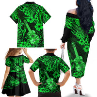 Hawaii Ukulele Family Matching Off Shoulder Long Sleeve Dress and Hawaiian Shirt Polynesian Pattern Green Version - Wonder Print Shop