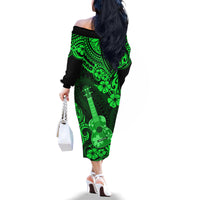Hawaii Ukulele Family Matching Off Shoulder Long Sleeve Dress and Hawaiian Shirt Polynesian Pattern Green Version - Wonder Print Shop