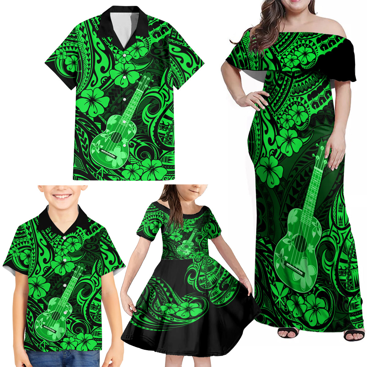 Hawaii Ukulele Family Matching Off Shoulder Maxi Dress and Hawaiian Shirt Polynesian Pattern Green Version - Wonder Print Shop