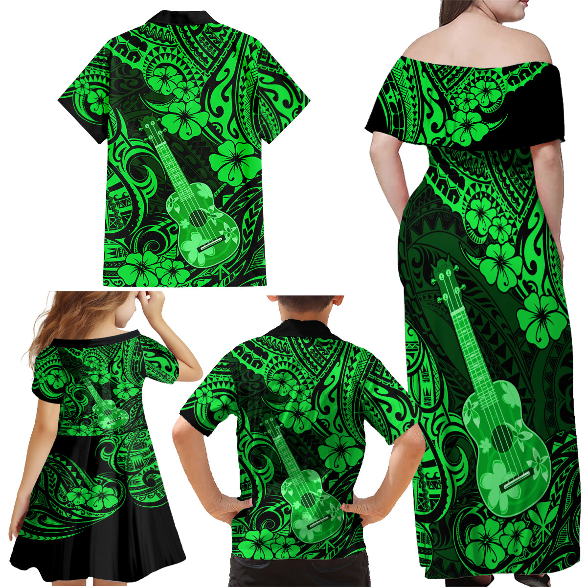 Hawaii Ukulele Family Matching Off Shoulder Maxi Dress and Hawaiian Shirt Polynesian Pattern Green Version - Wonder Print Shop
