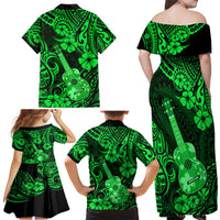 Hawaii Ukulele Family Matching Off Shoulder Maxi Dress and Hawaiian Shirt Polynesian Pattern Green Version - Wonder Print Shop