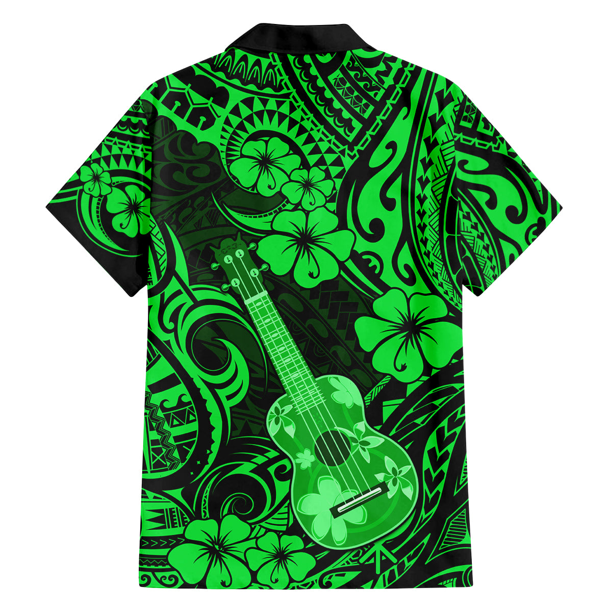 Hawaii Ukulele Family Matching Off Shoulder Maxi Dress and Hawaiian Shirt Polynesian Pattern Green Version - Wonder Print Shop