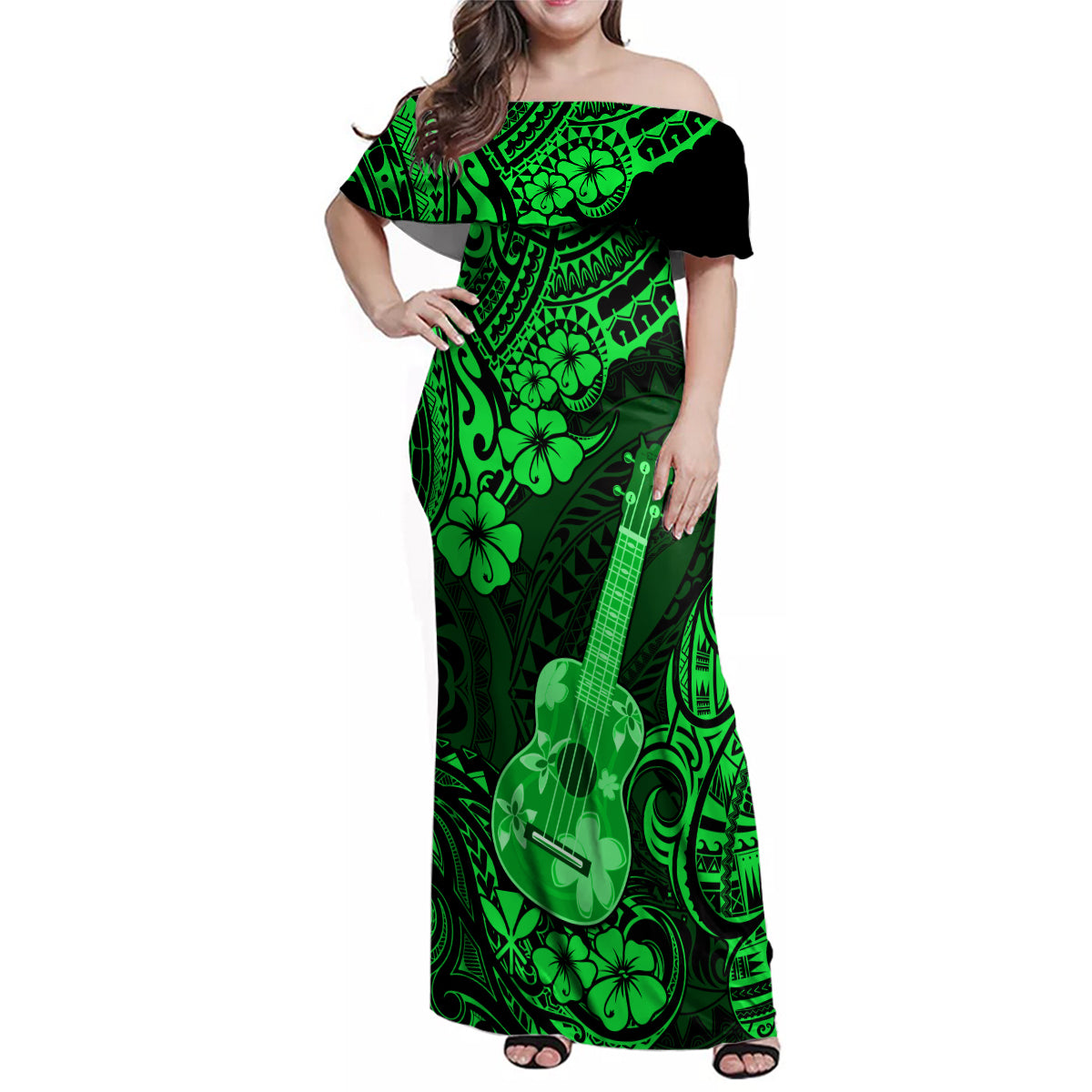 Hawaii Ukulele Family Matching Off Shoulder Maxi Dress and Hawaiian Shirt Polynesian Pattern Green Version - Wonder Print Shop