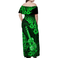 Hawaii Ukulele Family Matching Off Shoulder Maxi Dress and Hawaiian Shirt Polynesian Pattern Green Version - Wonder Print Shop