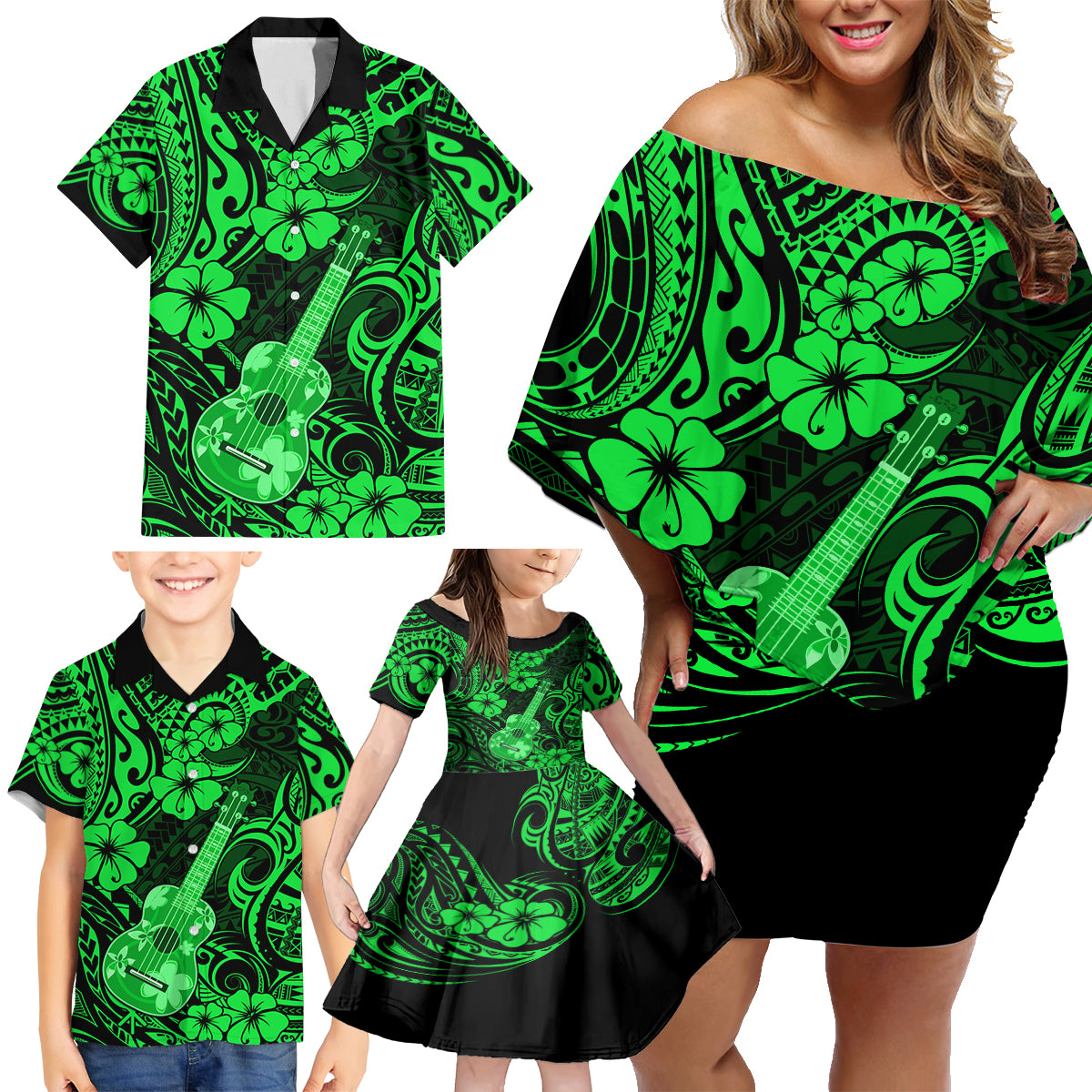 Hawaii Ukulele Family Matching Off Shoulder Short Dress and Hawaiian Shirt Polynesian Pattern Green Version - Wonder Print Shop