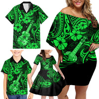 Hawaii Ukulele Family Matching Off Shoulder Short Dress and Hawaiian Shirt Polynesian Pattern Green Version - Wonder Print Shop