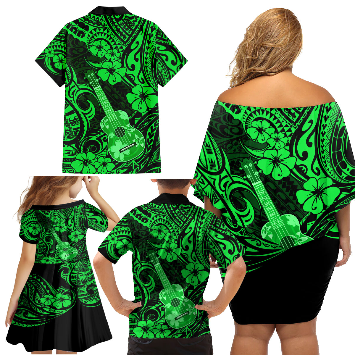 Hawaii Ukulele Family Matching Off Shoulder Short Dress and Hawaiian Shirt Polynesian Pattern Green Version - Wonder Print Shop