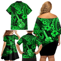 Hawaii Ukulele Family Matching Off Shoulder Short Dress and Hawaiian Shirt Polynesian Pattern Green Version - Wonder Print Shop