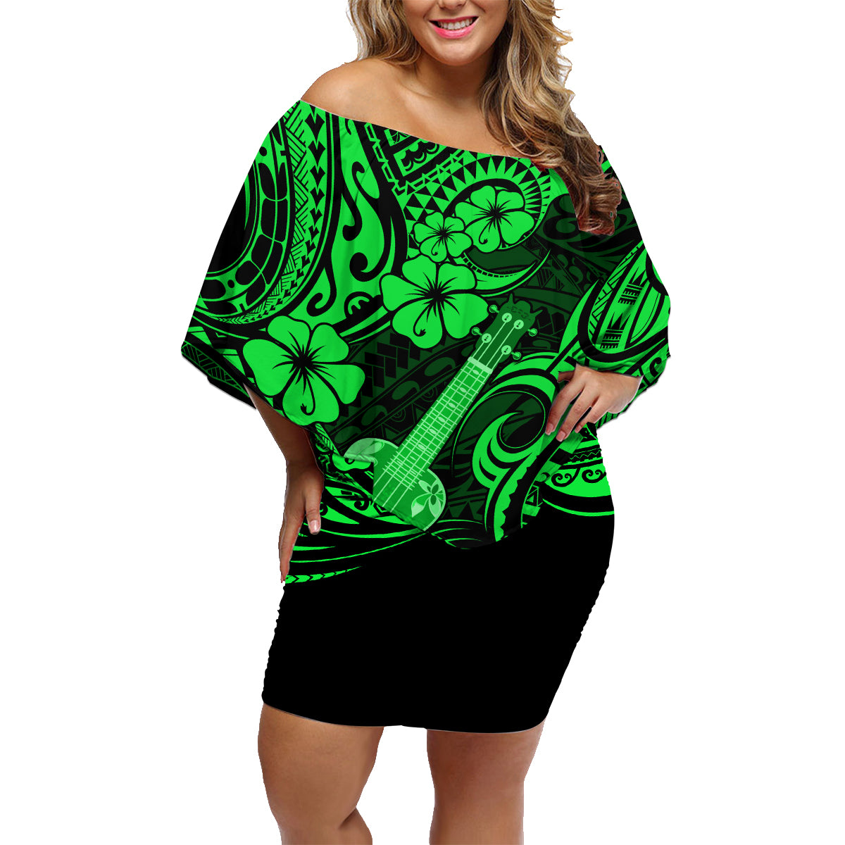Hawaii Ukulele Family Matching Off Shoulder Short Dress and Hawaiian Shirt Polynesian Pattern Green Version - Wonder Print Shop