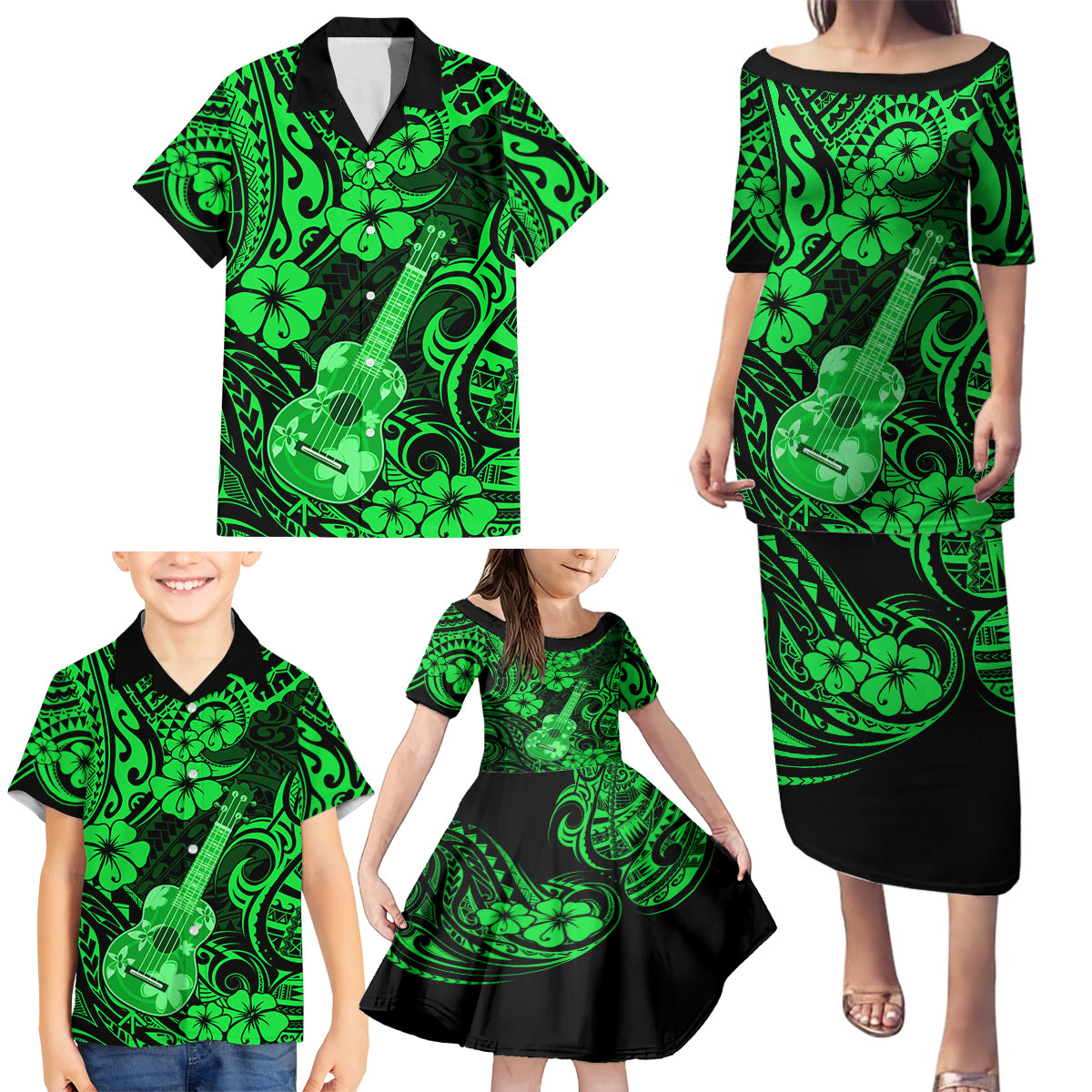 Hawaii Ukulele Family Matching Puletasi Dress and Hawaiian Shirt Polynesian Pattern Green Version - Wonder Print Shop