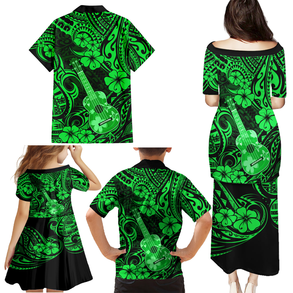 Hawaii Ukulele Family Matching Puletasi Dress and Hawaiian Shirt Polynesian Pattern Green Version - Wonder Print Shop