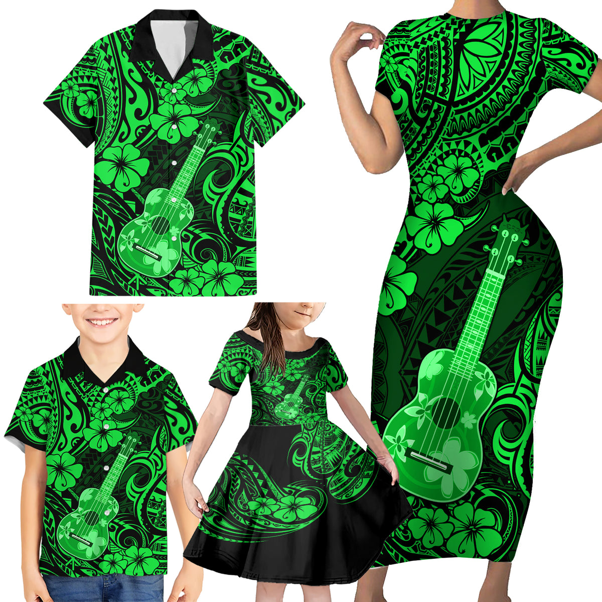 Hawaii Ukulele Family Matching Short Sleeve Bodycon Dress and Hawaiian Shirt Polynesian Pattern Green Version - Wonder Print Shop
