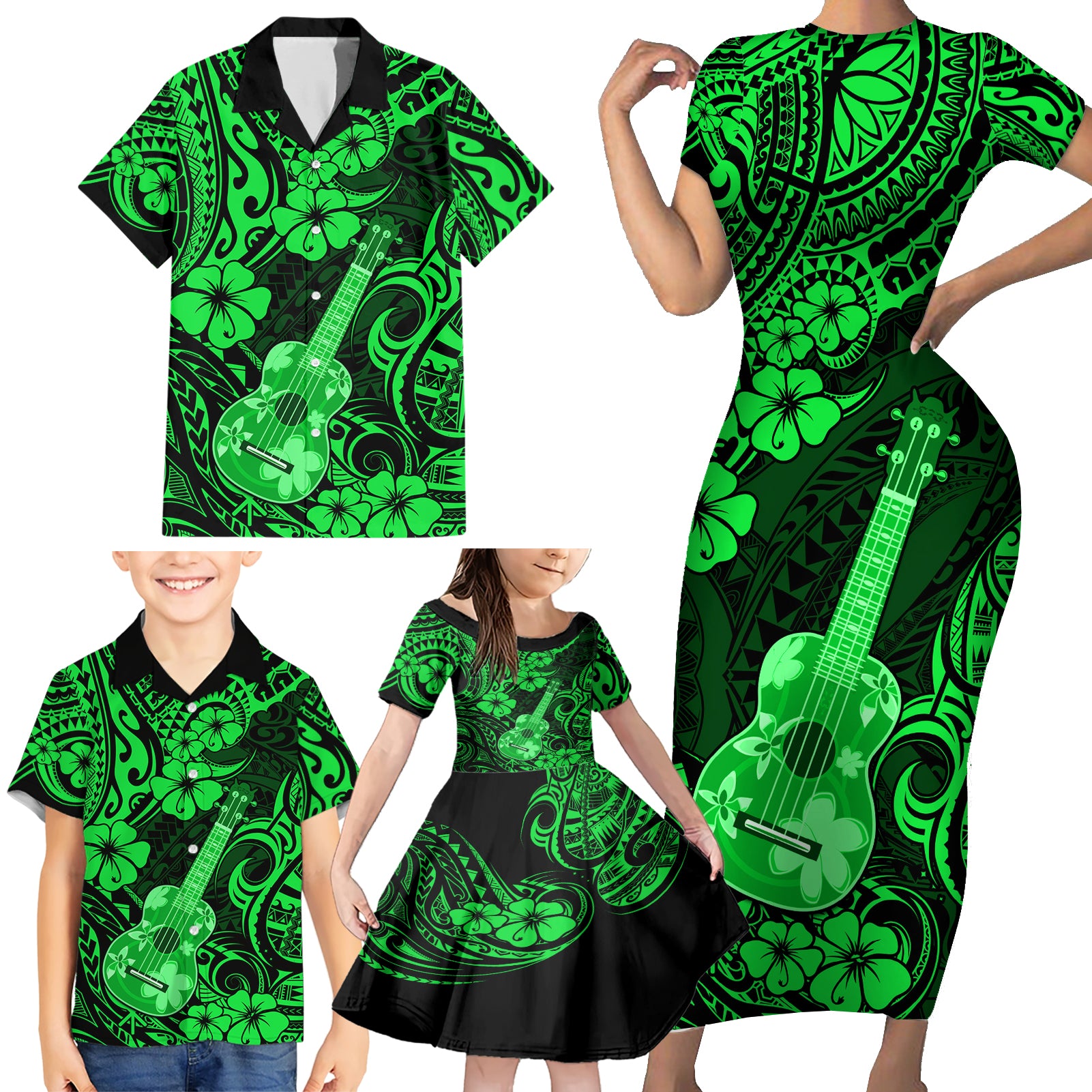 Hawaii Ukulele Family Matching Short Sleeve Bodycon Dress and Hawaiian Shirt Polynesian Pattern Green Version - Wonder Print Shop