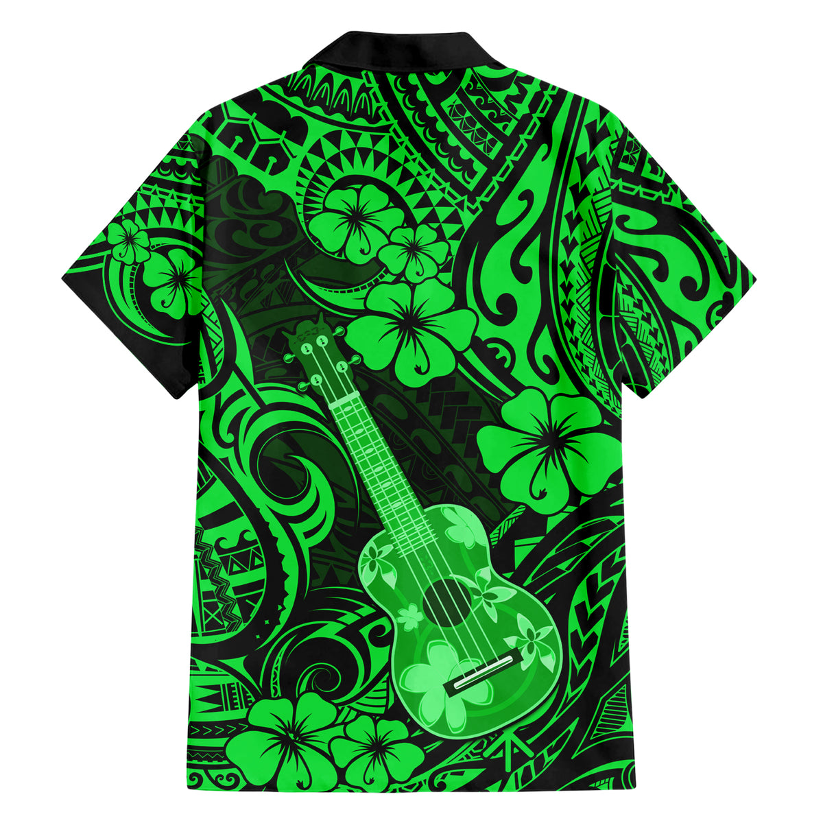 Hawaii Ukulele Family Matching Short Sleeve Bodycon Dress and Hawaiian Shirt Polynesian Pattern Green Version - Wonder Print Shop