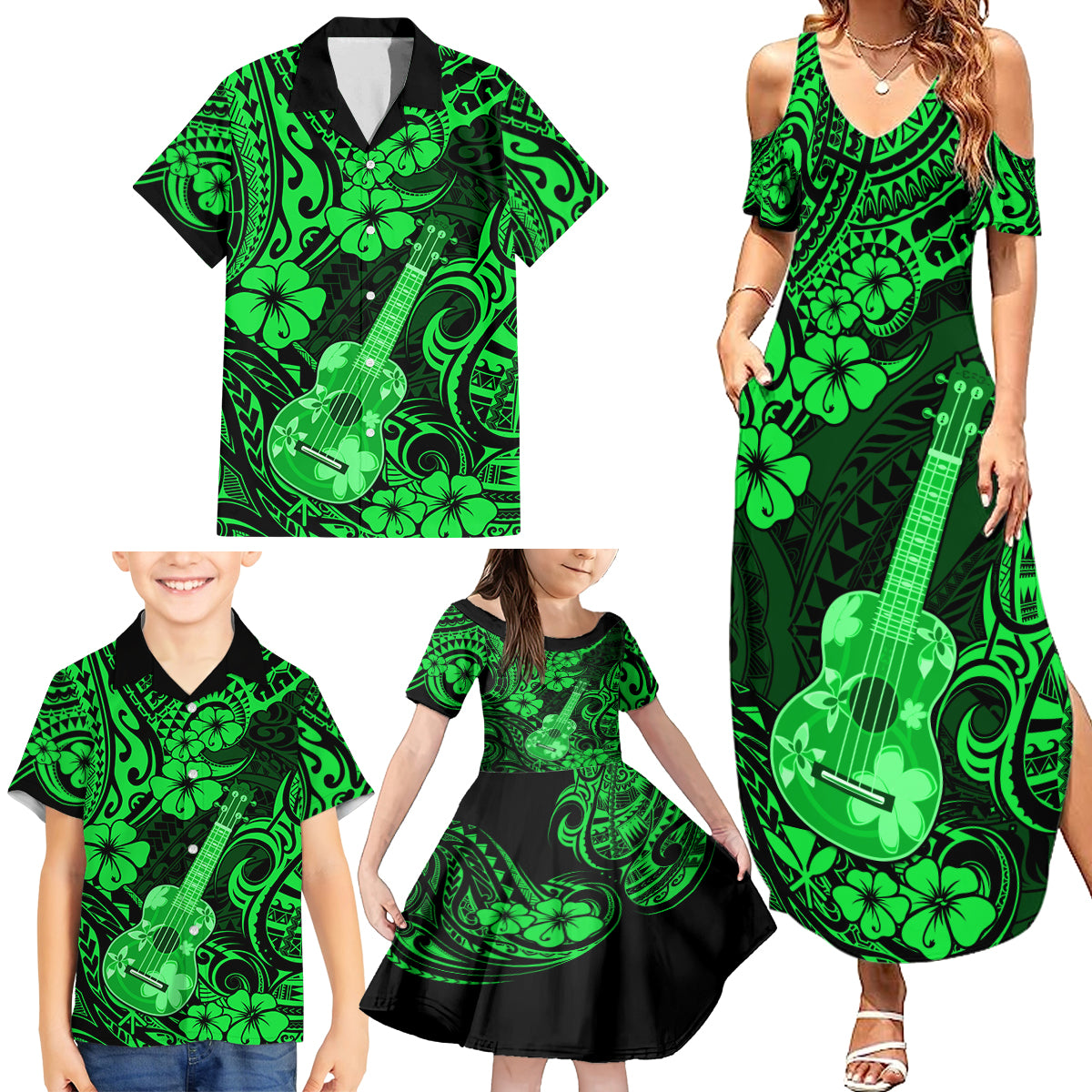 Hawaii Ukulele Family Matching Summer Maxi Dress and Hawaiian Shirt Polynesian Pattern Green Version - Wonder Print Shop