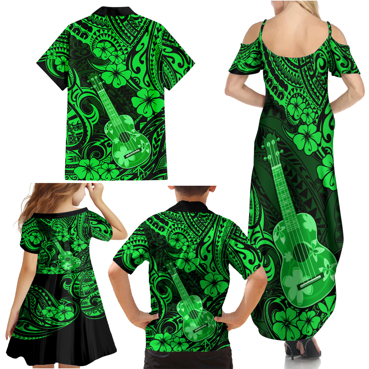 Hawaii Ukulele Family Matching Summer Maxi Dress and Hawaiian Shirt Polynesian Pattern Green Version - Wonder Print Shop