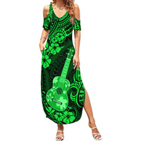 Hawaii Ukulele Family Matching Summer Maxi Dress and Hawaiian Shirt Polynesian Pattern Green Version - Wonder Print Shop