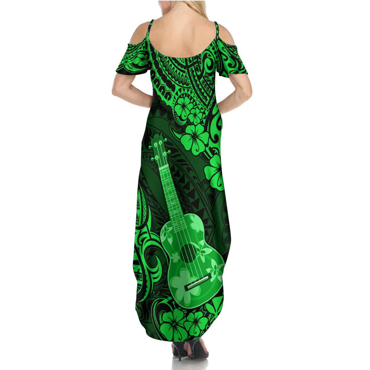 Hawaii Ukulele Family Matching Summer Maxi Dress and Hawaiian Shirt Polynesian Pattern Green Version - Wonder Print Shop