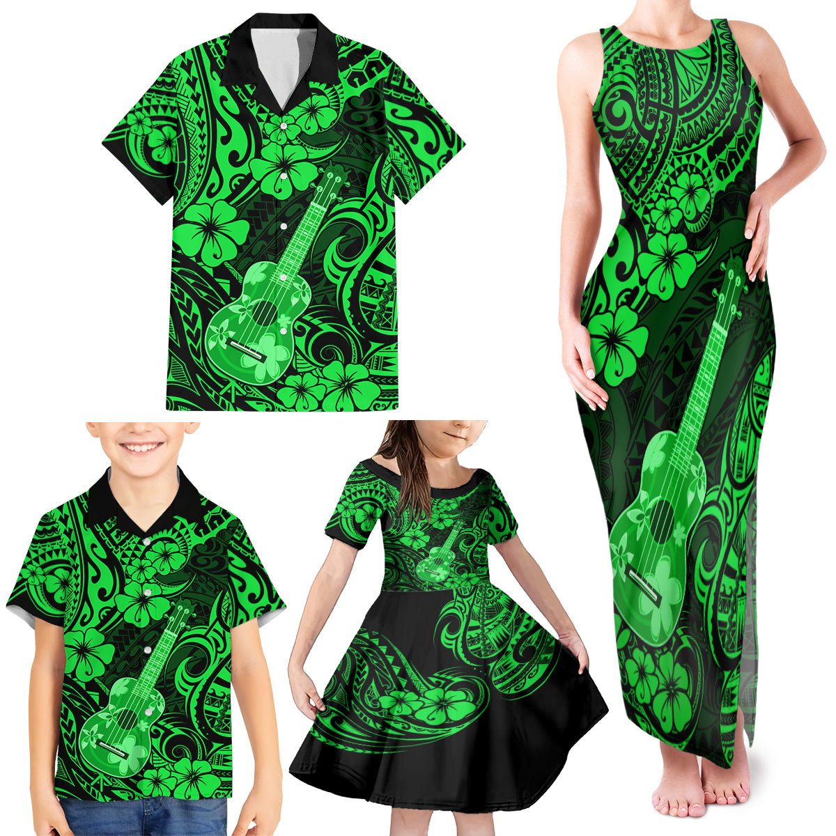 Hawaii Ukulele Family Matching Tank Maxi Dress and Hawaiian Shirt Polynesian Pattern Green Version - Wonder Print Shop
