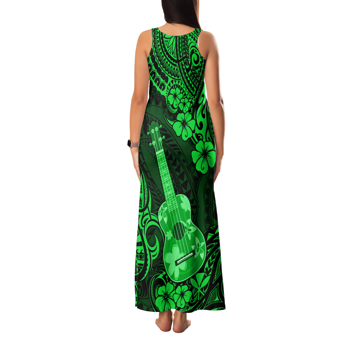 Hawaii Ukulele Family Matching Tank Maxi Dress and Hawaiian Shirt Polynesian Pattern Green Version - Wonder Print Shop