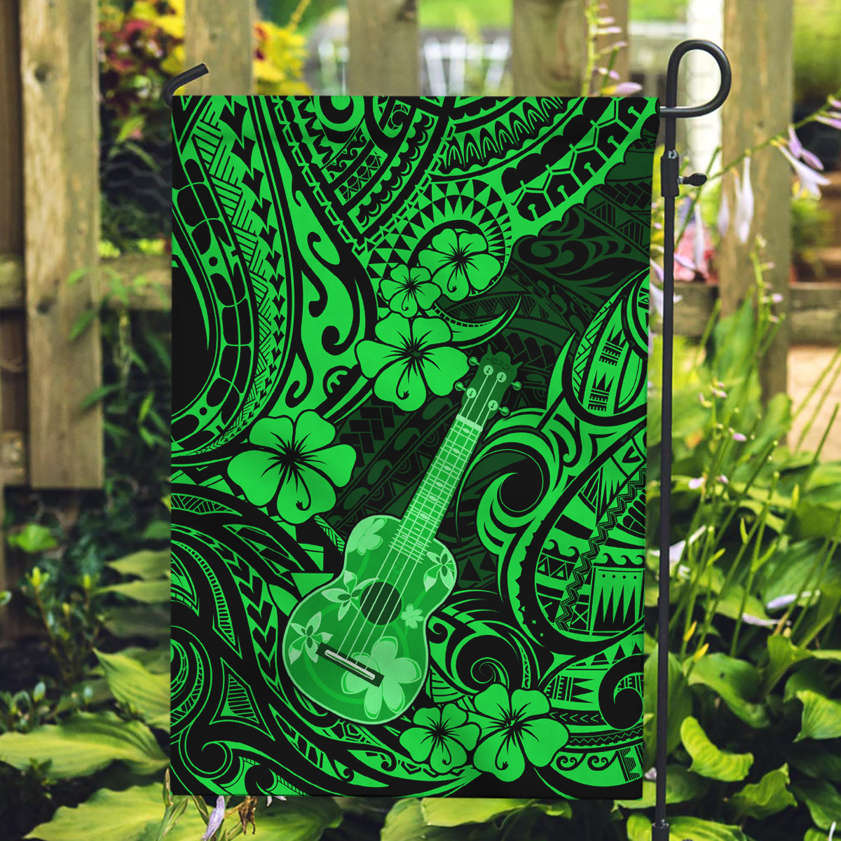 Hawaii Ukulele Garden Flag Polynesian Pattern Green Version - Wonder Print Shop