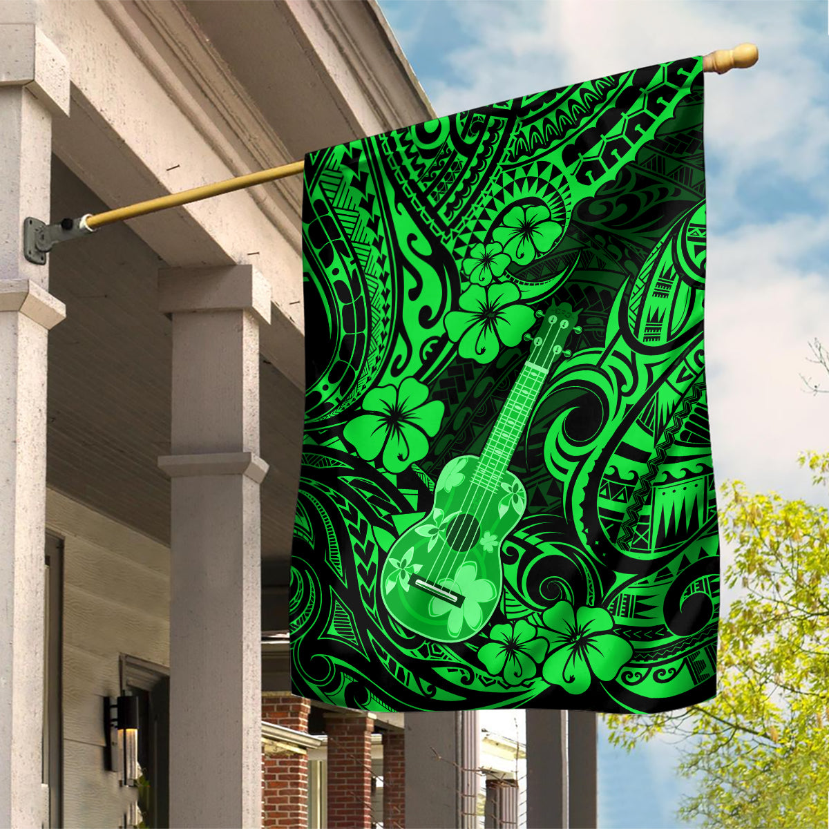 Hawaii Ukulele Garden Flag Polynesian Pattern Green Version - Wonder Print Shop